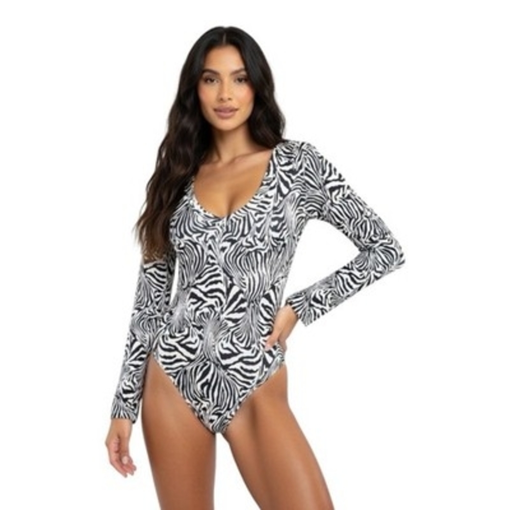 Mangopop Women's Black White Zebra Print Bodysuit Size S Long Sleeve V-Neck NWT